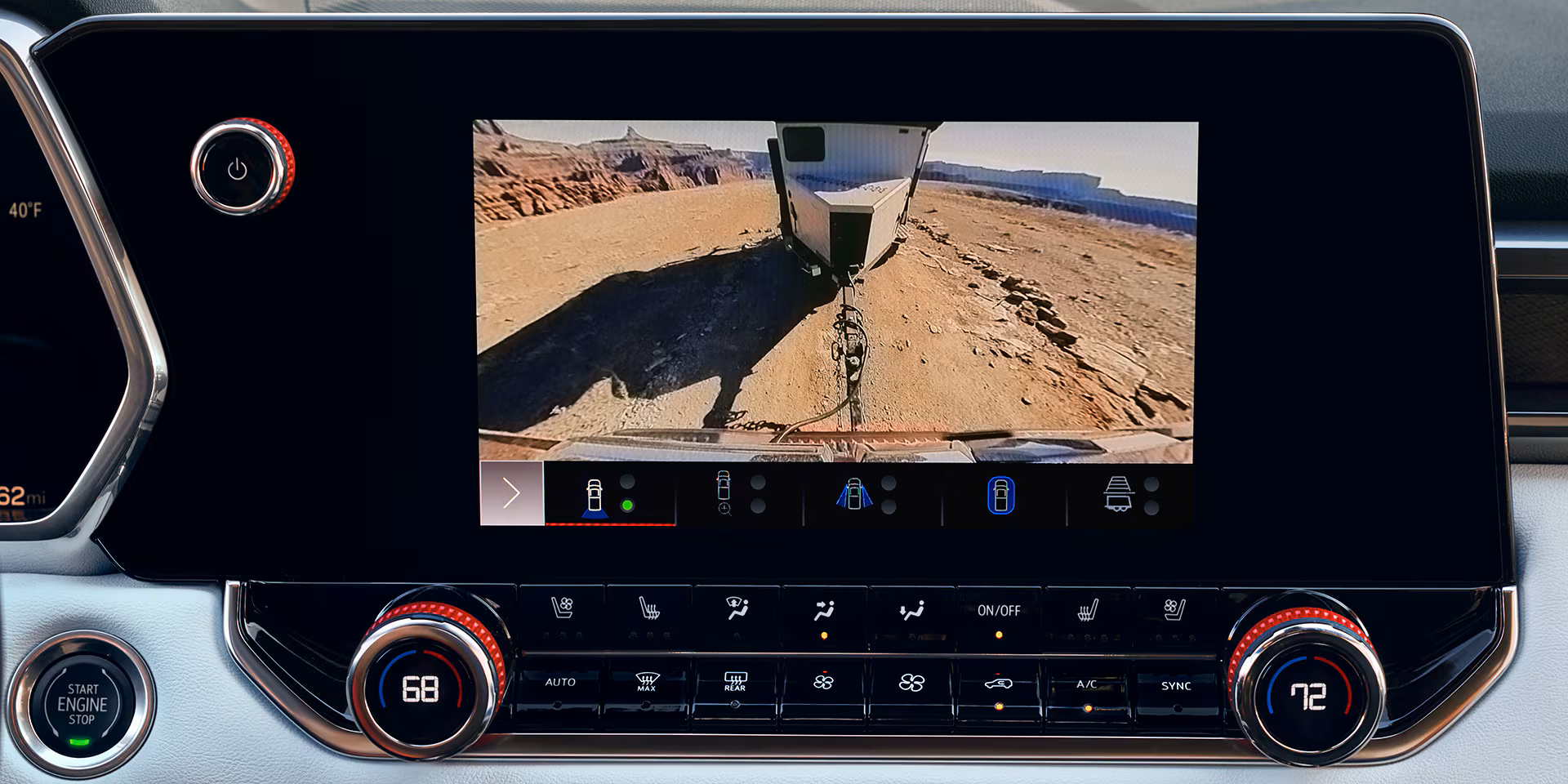 Demonstration of the HD Surround Vision camera system on the 2026 GMC Canyon displaying full-perimeter and hitch views